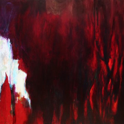 Red and white abstract painting by Kathryn Gruber