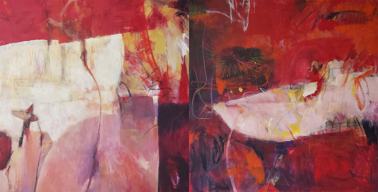 Banner of two abstract painting by Kathryn Gruber with colours of red, ochre and white.
