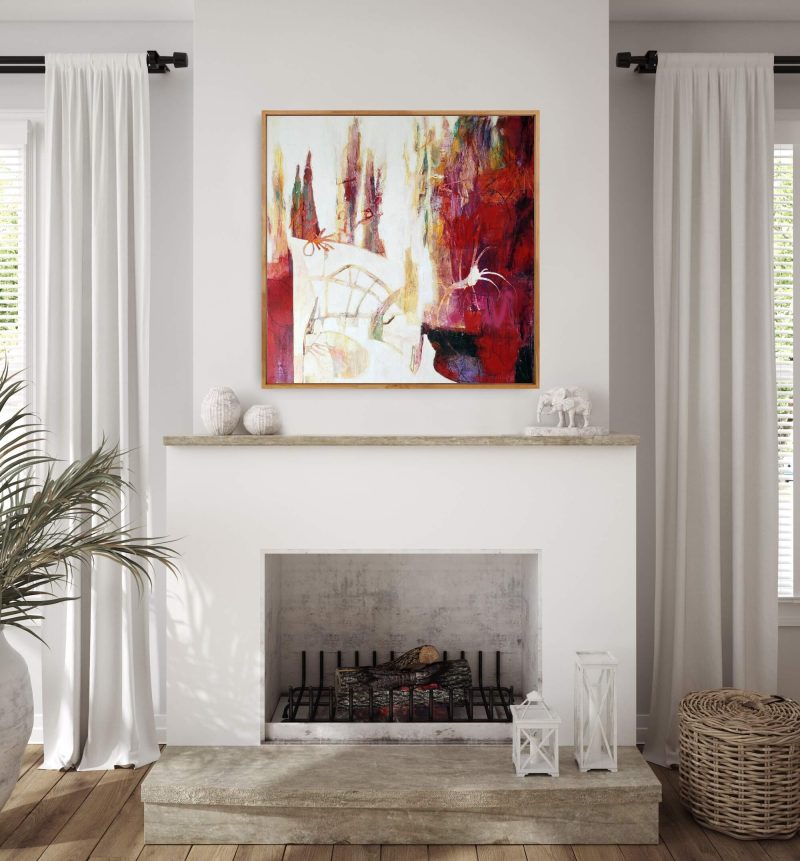 Image of abstract painting 'It Takes a Village' by Kathryn Gruber hanging on the wall.