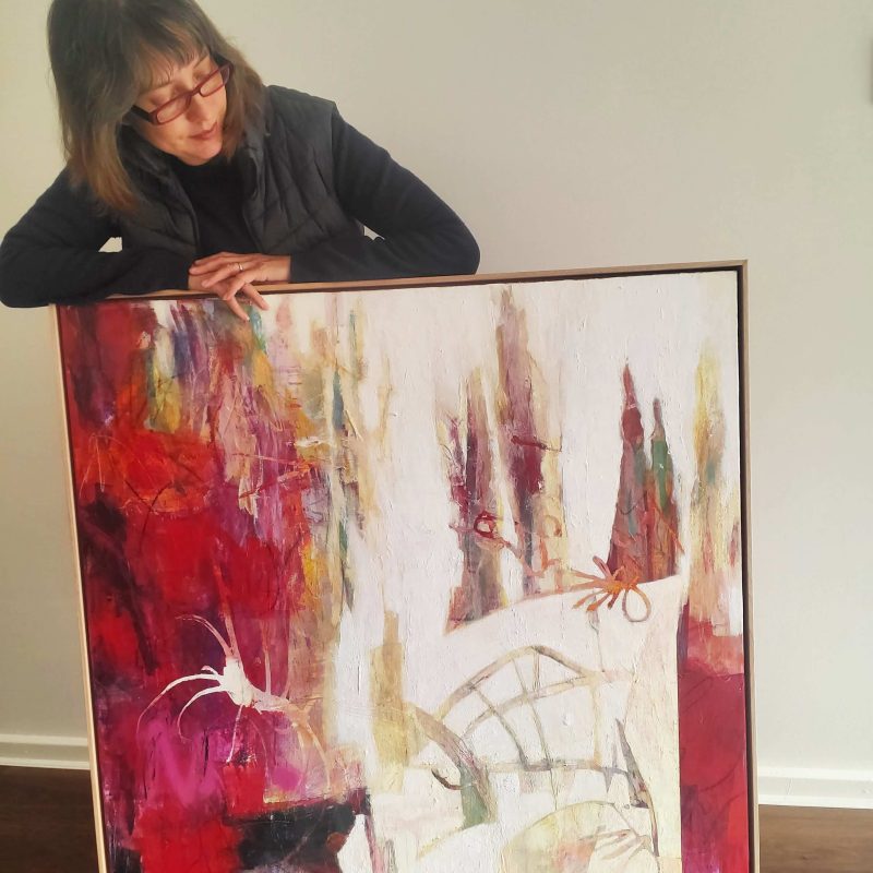 Image of abstract painting 'It Takes a Village' with artist, Kathryn Gruber