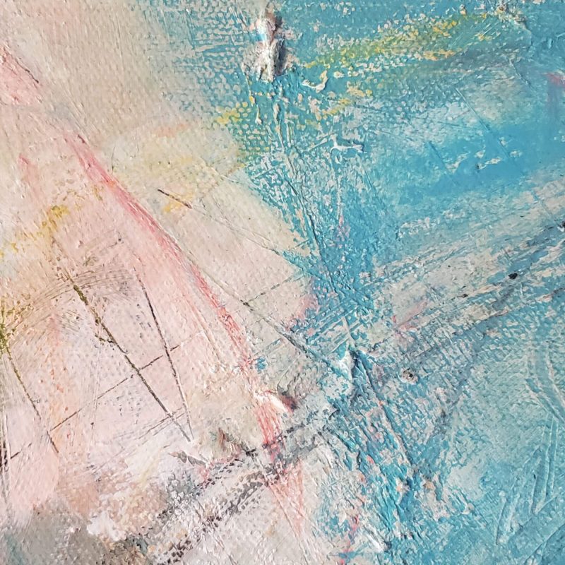 Close up image of All Aboard, an abstract painting by Kathryn Gruber. There is alot of texture and scratches into the white paint, with blue pastel and paint over the top of the white paint, and collecting in the scratches.
