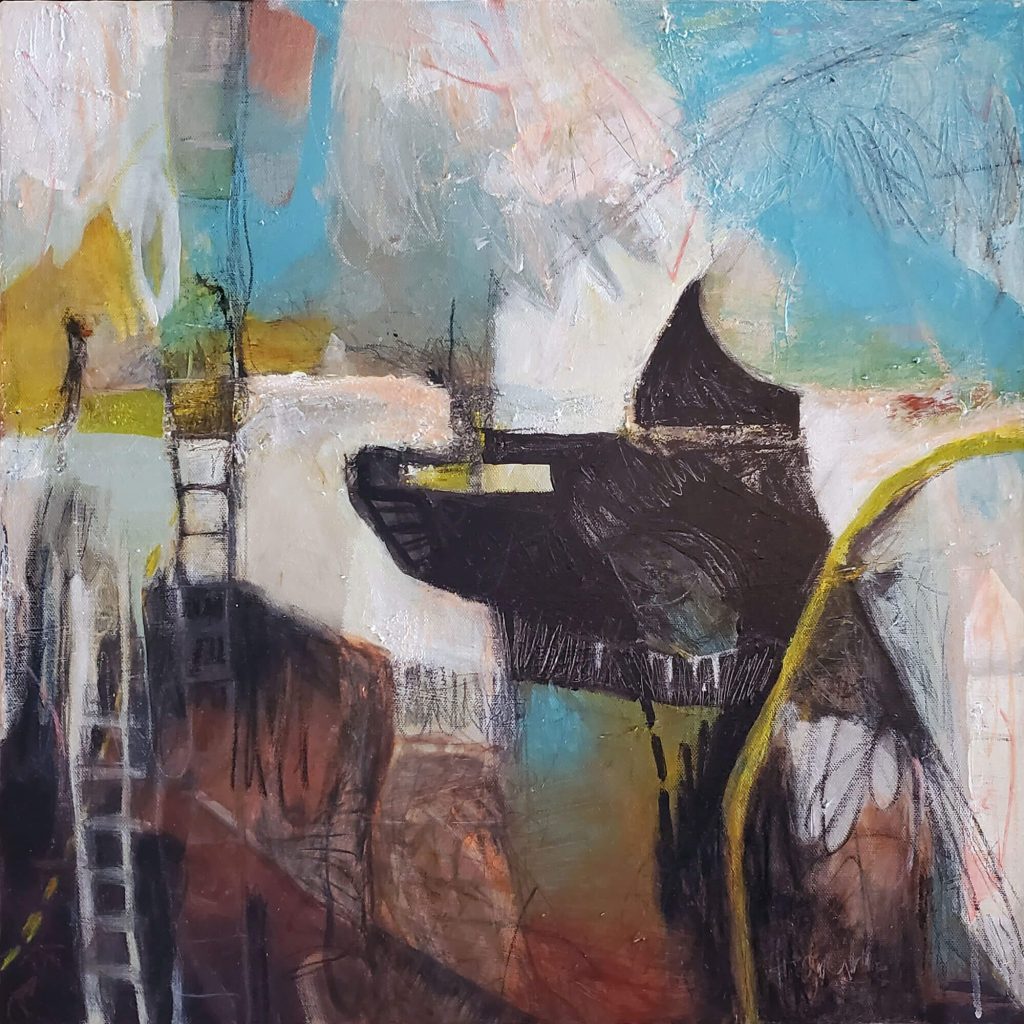 All Aboard is a mixed media abstract painting by Kathryn Gruber. It has ladder elements and a black spaceship. The dominant colours are black, white, light blus, yellow and ochre
