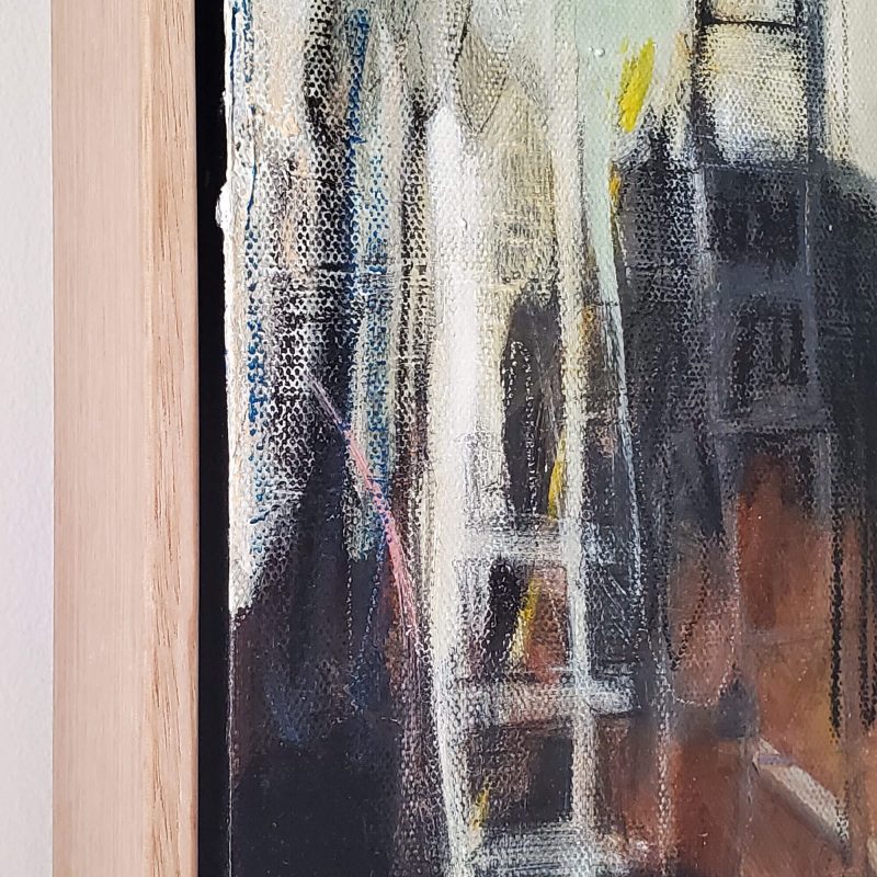 Image of All Aboard, an abstract painting by Kat Gruber, taken from the side to depict the Tasmanian Oak floating frame and the surface of the painting