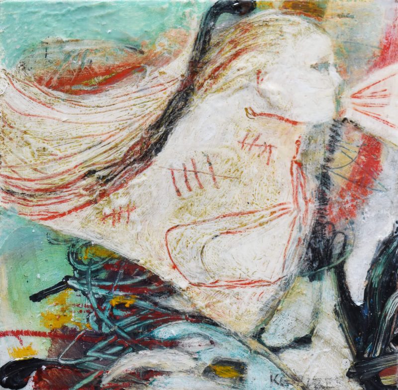 Highly textured abstract painting depicting a longhaired person as an abstract bird with tally marks on the body and lines from the mouth to depict speech.