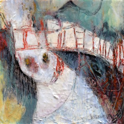 Braving the Storm is a textured and layered abstract painting by Kat Gruber. A white and cream image starts in the middle and leans towards the left with a thick white line extending from left to right over bold black, red and green area with a lighter yellow in the background. Lines are carved through the white paint, revealing red areas beneath.