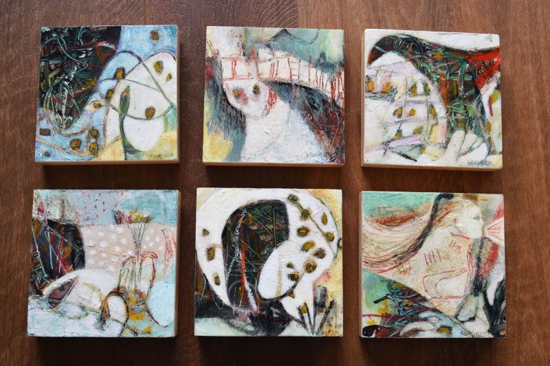 Group of six small abstract paintings by Kat Gruber