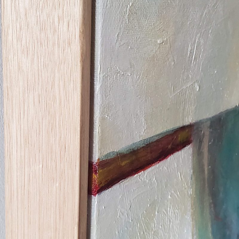 A close up of The Great Voyage by Kat Gruber, showing the Tasmanian Oak floating frame, the texture of the painting, and the satin finish.