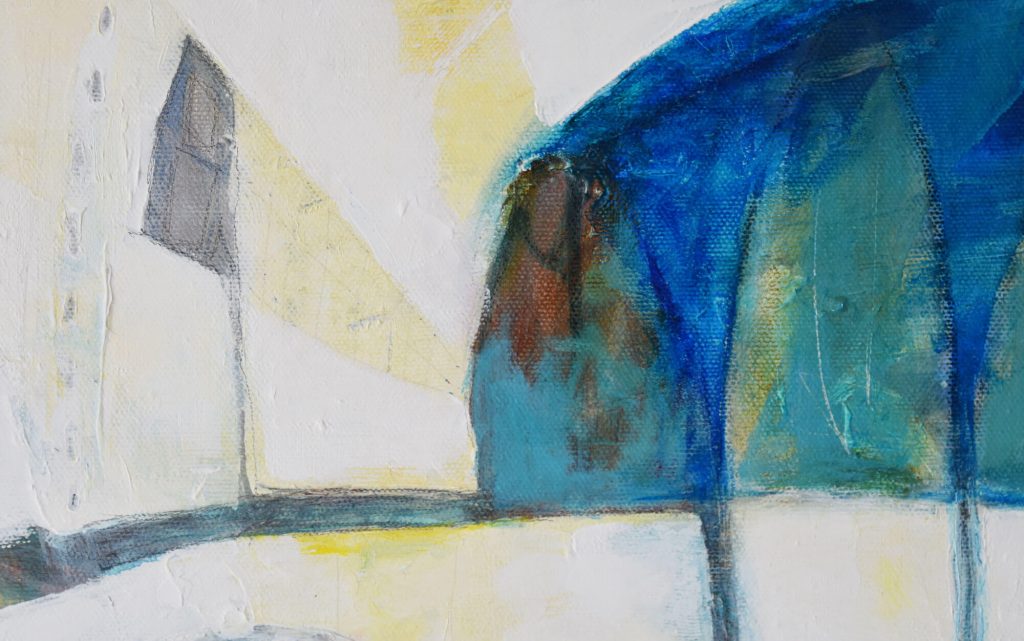 Close up of The Great Voyage, an abstract painting by Kathryn Gruber. A blue shape with arches is on the white paint, and light yellow rays seem to emanate from the blue shape.