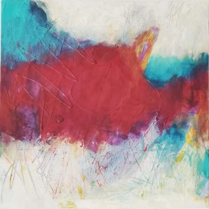 Flow is an abstract painting by Kat Gruber with red and turquoise.