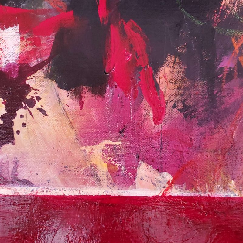 Close up of vibrant contemporary abstract painting "Heart and Soul" by Kathryn Gruber showing horizon line, showing detail with the loose paint strokes on top and various shades of high gloss red below.