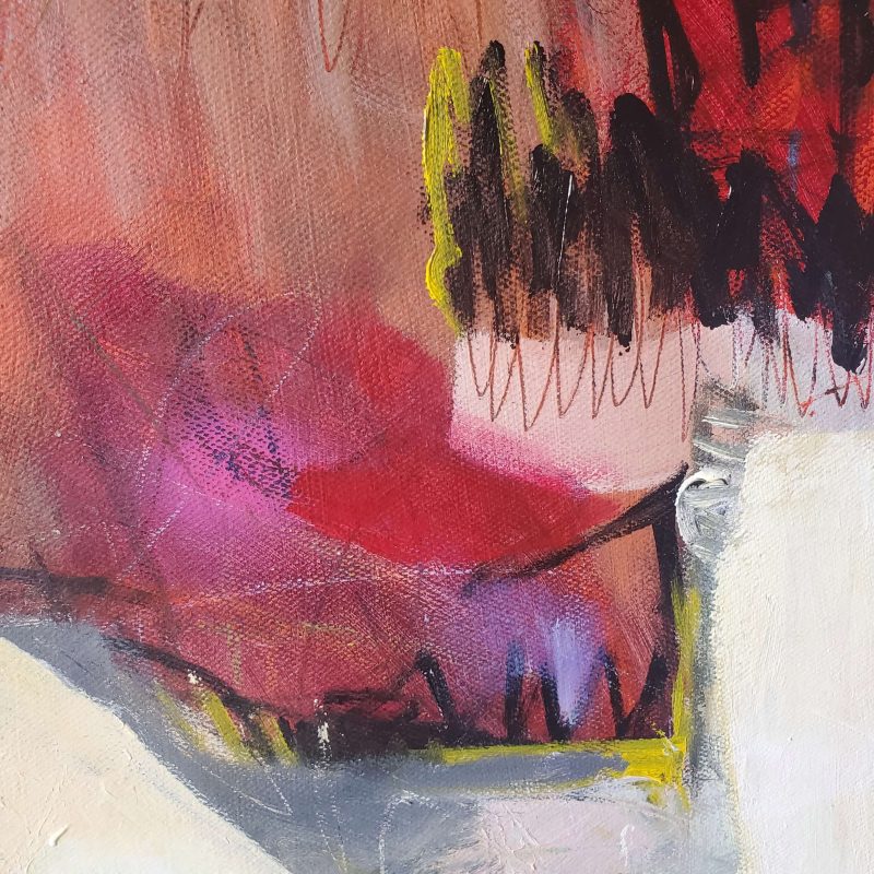Close up of "I did not do it on Purpose", which is a mixed media contemporary abstract painting by Kathryn Gruber.