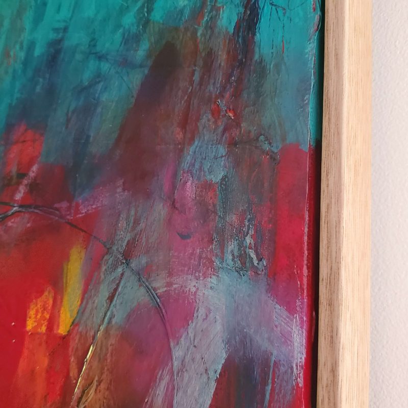 A close up image of abstract painting "Taking Flight" by Kat Gruber, with the frame.