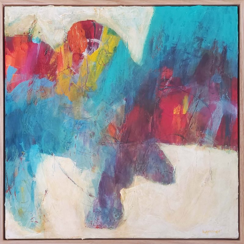 A full image of abstract painting "Taking Flight" by Kat Gruber, with the frame.