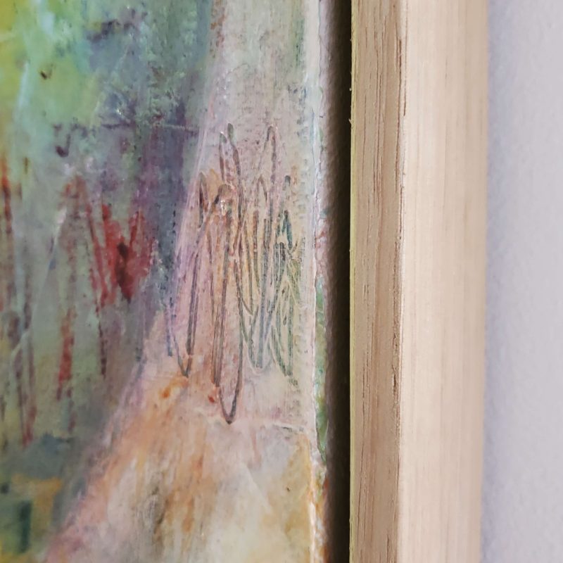Close up of the edge and timber frame of abstract painting "Gestation" by Kathryn Gruber.