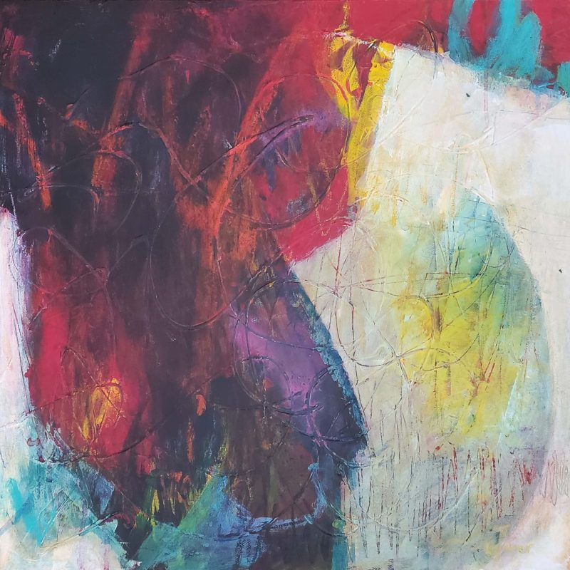Full image of abstract painting "Gestation" by Kathryn Gruber. The painting incorporates textured relief, scratching, paint strokes and washes with a satin varnish surface.