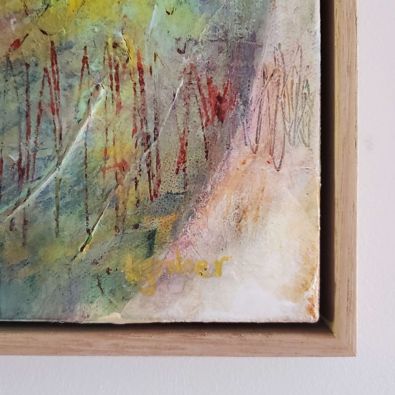 Close up of the lower right corner, signature, and timber frame of abstract painting "Gestation" by Kathryn Gruber.