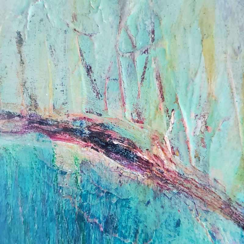 A close up of the mini shelf painting 'Energetic Currents' by Kathryn Gruber