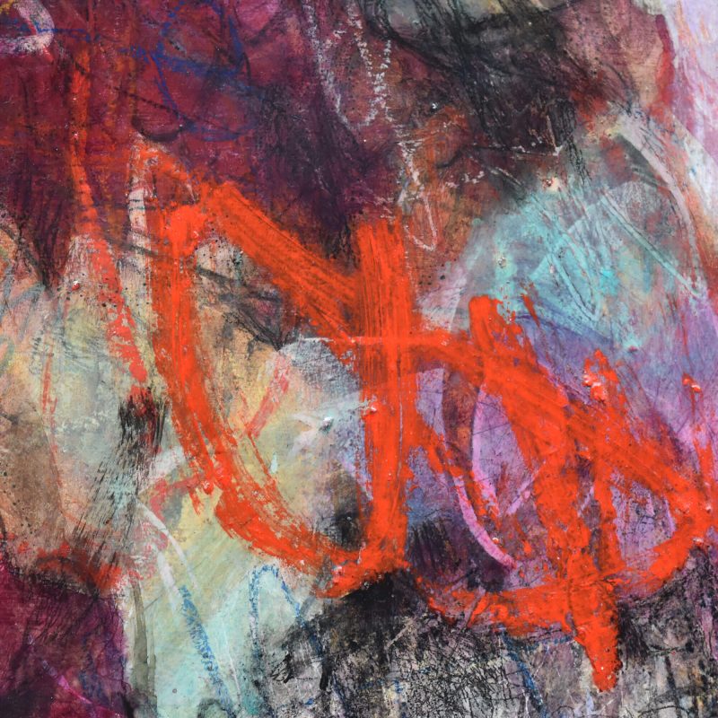 Close up of an abstract expressionist mixed media painting, titled "Perseverance" by Kathryn Gruber
