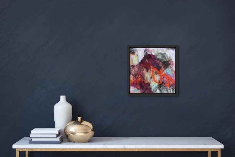 In situ image of abstract expressionist mixed media painting, titled "Perseverance" by Kathryn Gruber, set in a homelike environment.