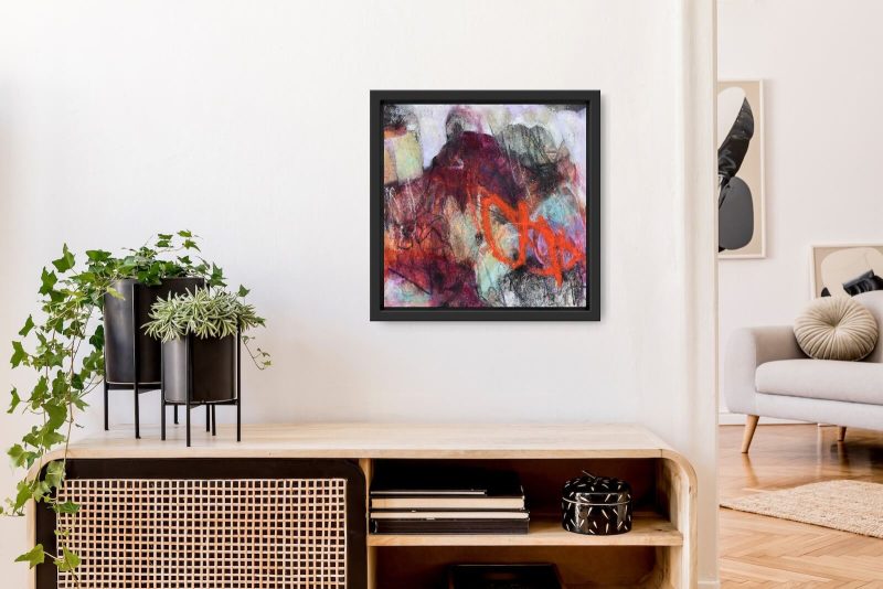 In situ image of abstract expressionist mixed media painting, titled "Perseverance" by Kathryn Gruber, set in a homelike environment.