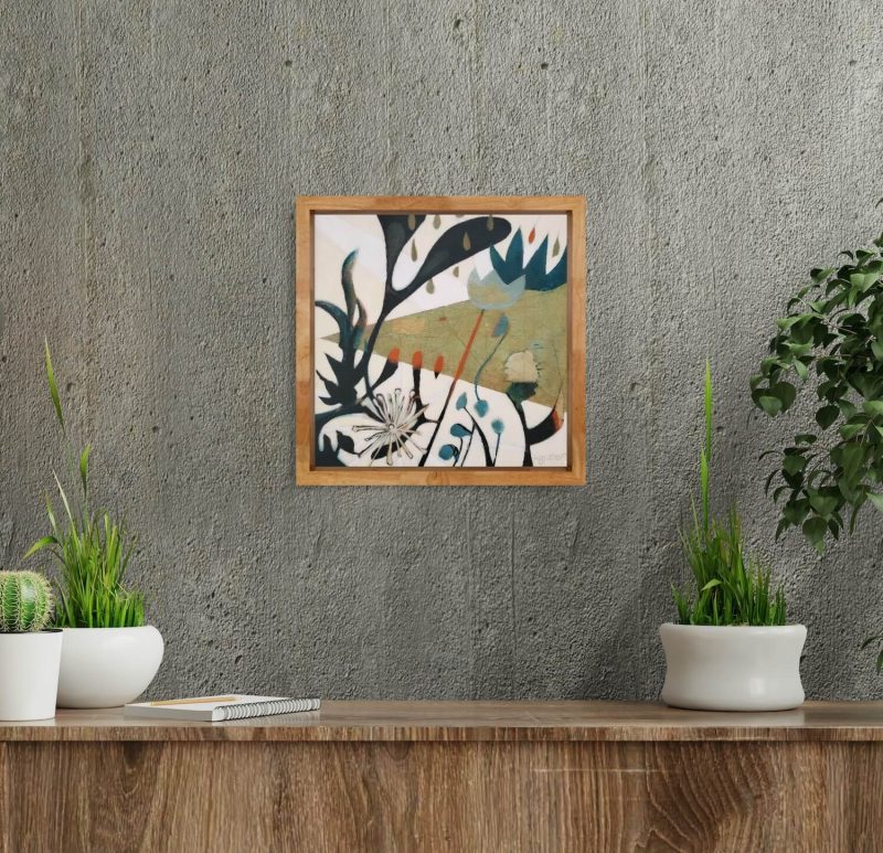 An image of abstract painting by Kathryn Gruber, 'Urban Nature' insitu, hanging on a wall in a homelike environment.