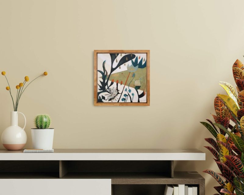 An image of abstract painting by Kathryn Gruber, 'Urban Nature' insitu, hanging on a wall in a homelike environment.
