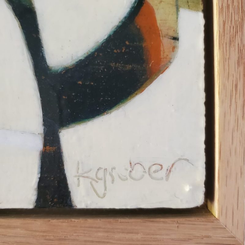 Close up image of the signature carved into the paint of 'Urban Nature', a painting by Kathryn Gruber