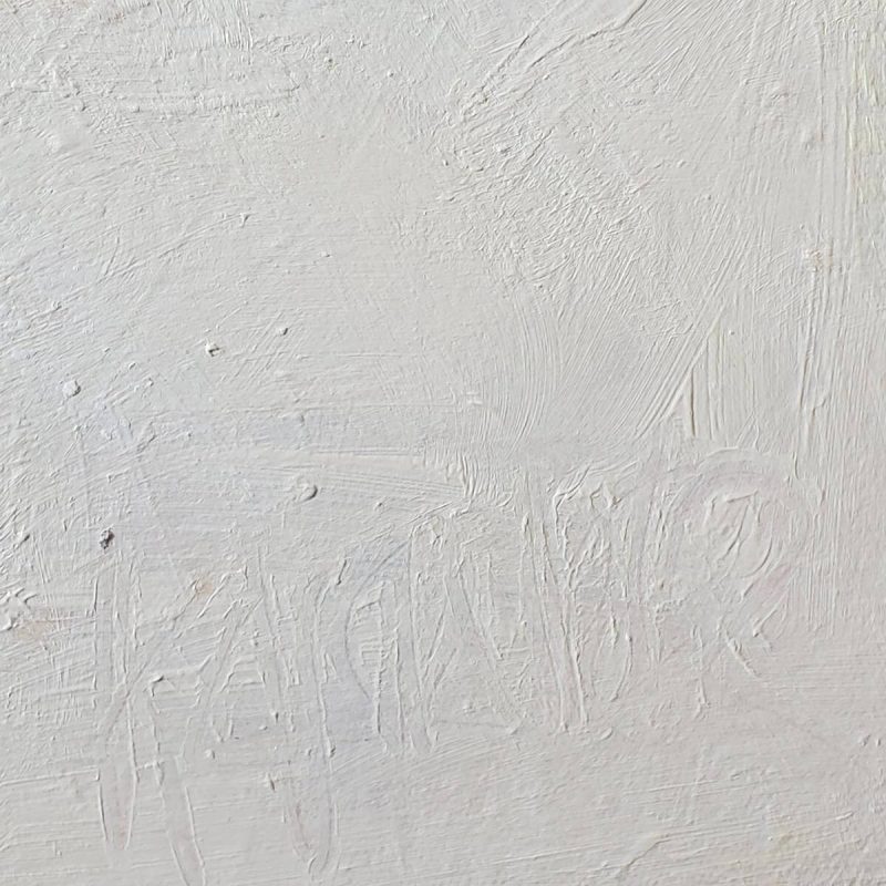 A close up of the artist's signature in the abstract painting, "Dreams Need a Plan" by Kathryn Gruber