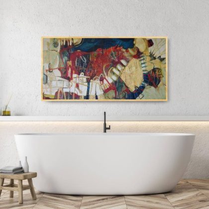 Abstract painting, "Reclining Woman" by Kathryn Gruber hangs in-situ in a bathroom on a white wall.