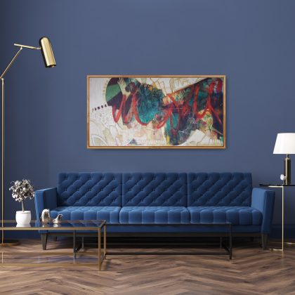 Abstract painting, "The Blue Heart" by Kathryn Gruber hangs in-situ above a vibrant blue couch on a dark blue wall.