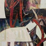 Abstract mixed media painting "Bull at a Gate" by Kathryn Gruber — bold red oil stick marks, black and teal layers, cream impasto, on wood panel.