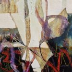 Abstract mixed media painting "Vanishing Point" by Kathryn Gruber — cream impasto forms rising from dark gestural marks in red, purple and teal, on wood panel